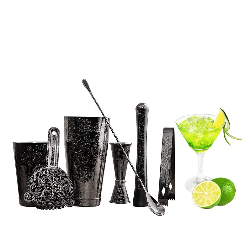 Skyfish SKY FISH Bartender Kit Cocktail Shaker Set-7 Pieces Stainless Steel Black Plated Etching Bar Tools with Boston Shaker Tins,Mixing Spoon,Mojito Muddler,Japanese Double Jigger,Hawthorne Strainer - Image 1